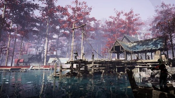 A Chrono Odyssey screenshot showing characters on a wooden dock surrounded by red-leaved trees and calm water in a serene environment.