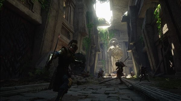 Chrono Odyssey screenshot: A warrior battles enemies in a sunlit, ancient stone ruin with overgrown greenery and a large statue visible.