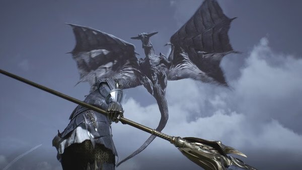Chrono Odyssey screenshot: A knight in armor holding a spear faces a flying dragon against a cloudy sky.