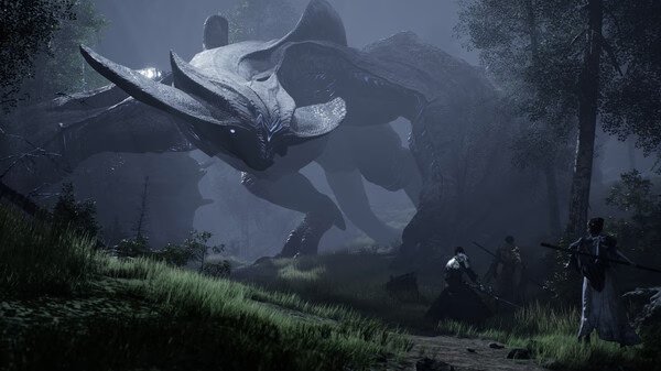 A Chrono Odyssey screenshot showing three warriors facing a massive, armored creature in a misty forest setting.