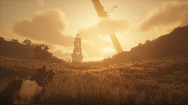 Screenshot from Chrono Odyssey showing a rider on horseback in a vast field, with a tower and large structure in the distance.