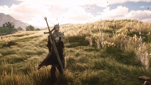 A Chrono Odyssey screenshot showing a character in armor wielding a large sword, standing in a sunlit grassy field.
