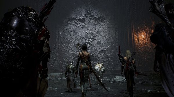 Screenshot from Chrono Odyssey showing a group of characters approaching a large, intricate stone door in a dimly lit environment.