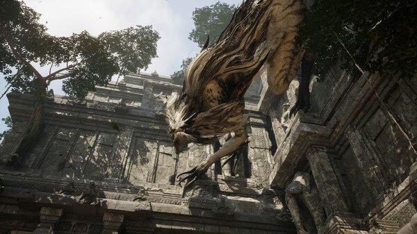 A Chrono Odyssey screenshot showing a towering, beast-like creature with flowing fur near an ancient stone structure surrounded by trees.