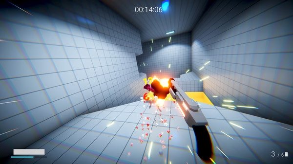 KARLSON screenshot: A player character in a white-tiled room fires a weapon, causing a vivid explosion with sparks and debris flying.
