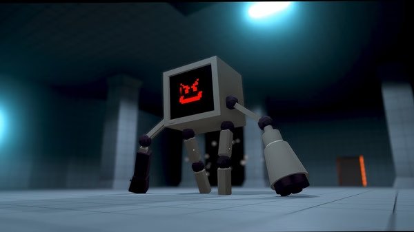 KARLSON screenshot: A blocky, robotic creature with a red face displayed on its screen stands in a dimly lit room.