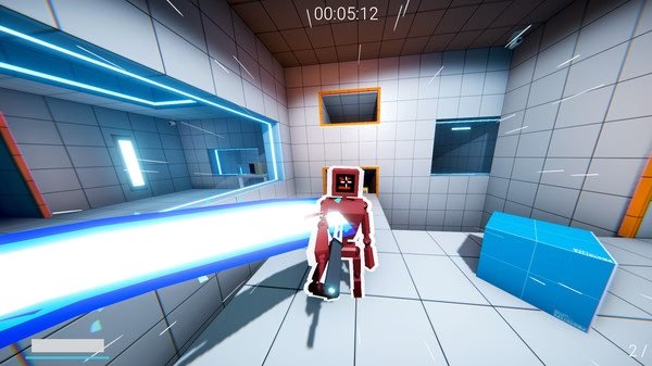 KARLSON screenshot: Player character dashes through a futuristic, tiled room with glowing blue beams and a timer above.