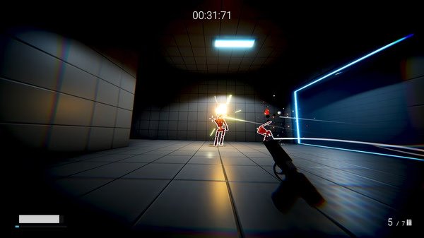 KARLSON screenshot: Player aims at two armed enemies in a dimly lit corridor, with a glowing blue barrier in the background.