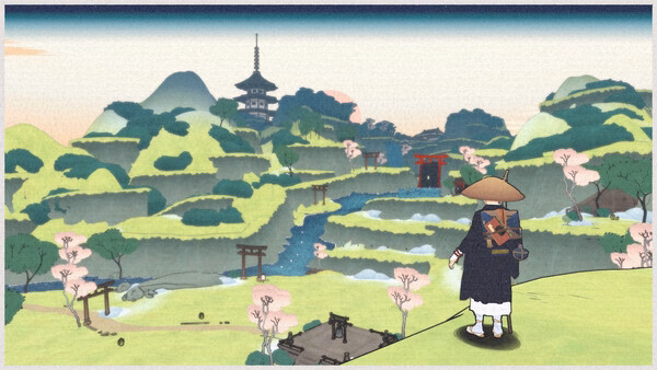 Screenshot from OKU: A character in traditional attire stands overlooking a scenic landscape with pagodas and cherry blossoms.