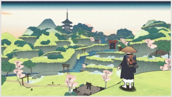 Screenshot from OKU: A character in traditional attire stands overlooking a scenic landscape with pagodas and cherry blossoms.