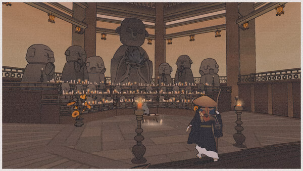 OKU game screenshot: A character stands before a shrine lined with candles and statues in a dimly lit, circular room.
