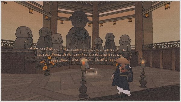 OKU game screenshot: A character stands before a shrine lined with candles and statues in a dimly lit, circular room.