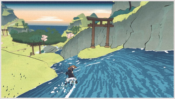 Screenshot from 'OKU' showing a character navigating a river with a scenic landscape and traditional gates in the background.