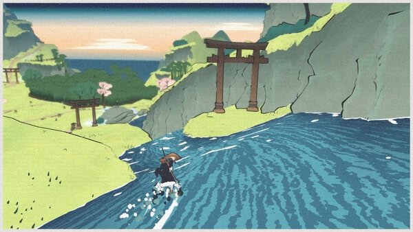 Screenshot from 'OKU' showing a character navigating a river with a scenic landscape and traditional gates in the background.