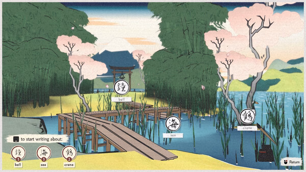 Screenshot of OKU game showing a serene lake scene with cherry blossoms, wooden docks, and word prompts: bell, sea, and crane.