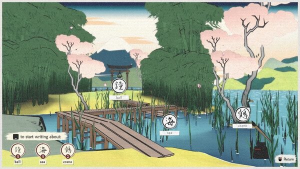 Screenshot of OKU game showing a serene lake scene with cherry blossoms, wooden docks, and word prompts: bell, sea, and crane.