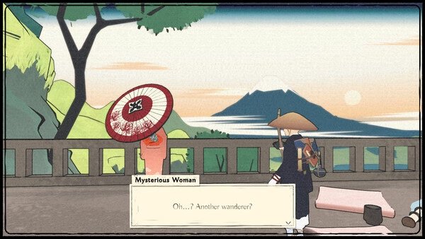 OKU screenshot: A character with an umbrella talks to a mysterious woman near a scenic view of a mountain and trees.