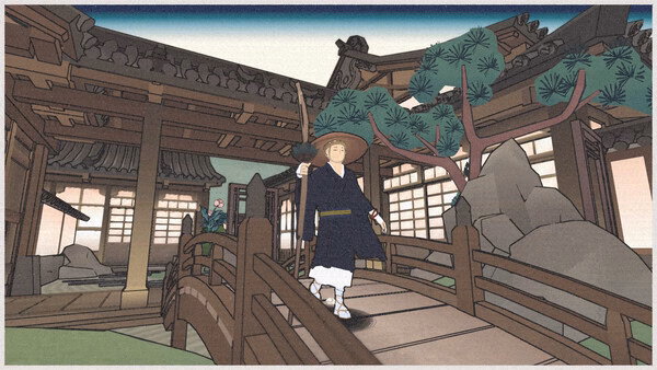 Screenshot from OKU game: A character in traditional attire stands on a wooden bridge amidst a serene, stylized Japanese landscape.