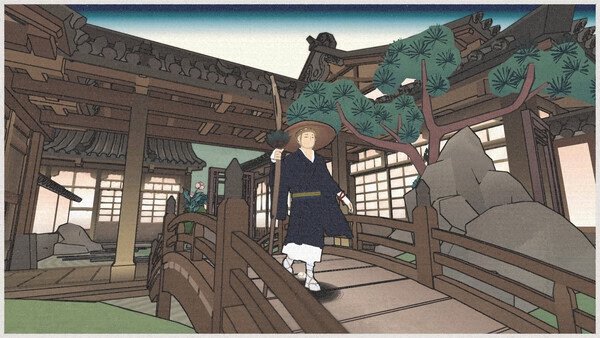 Screenshot from OKU game: A character in traditional attire stands on a wooden bridge amidst a serene, stylized Japanese landscape.