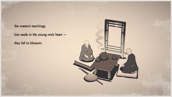Screenshot from the game OKU showing two monks seated on mats near a wooden loom, with poetic text displayed on the left.
