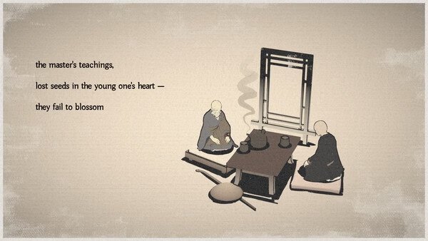 Screenshot from the game OKU showing two monks seated on mats near a wooden loom, with poetic text displayed on the left.