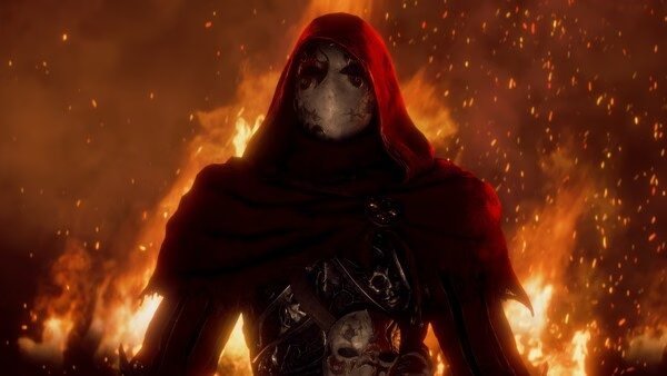 Fable screenshot: A figure in a red cloak stands before a fiery backdrop, adorned with skulls and intricate armor detailing.