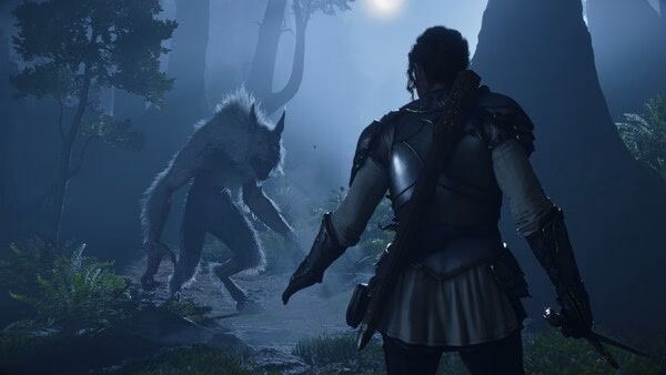 A screenshot from Fable showing an armored character facing a werewolf-like creature in a misty forest setting.