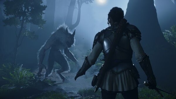 A screenshot from Fable showing an armored character facing a werewolf-like creature in a misty forest setting.
