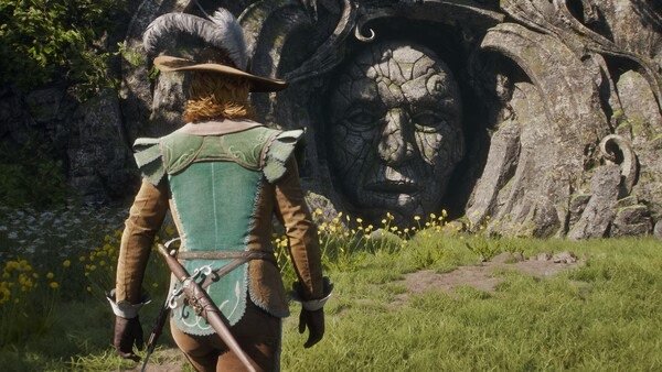 A screenshot from Fable showing a character in a green outfit and hat, standing near a stone structure surrounded by grass and flowers.