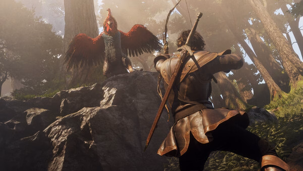 Screenshot from Fable showing a character with a sword facing a large, menacing chicken in a forest setting.