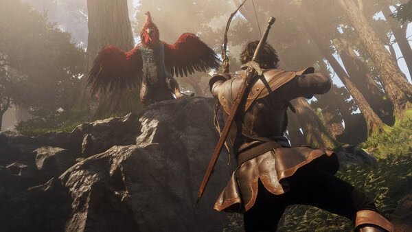 Screenshot from Fable showing a character with a sword facing a large, menacing chicken in a forest setting.