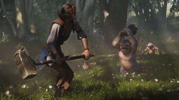 Fable screenshot: A hero wields a shovel, facing off against two trolls in a vibrant forest meadow with sunlight filtering through the trees.