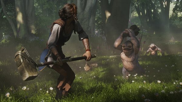 Fable screenshot: A hero wields a shovel, facing off against two trolls in a vibrant forest meadow with sunlight filtering through the trees.