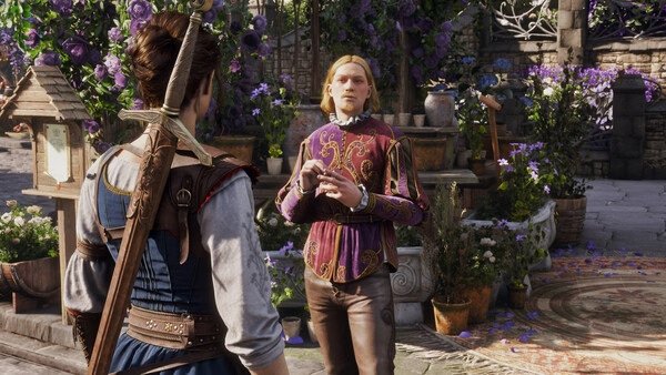 A Fable screenshot showing a character with a sword engaging in conversation with another in a vibrant, flower-filled courtyard.