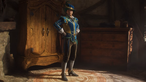 A screenshot from Fable showing a character in colorful, elaborate clothing standing in a rustic room with wooden furniture.