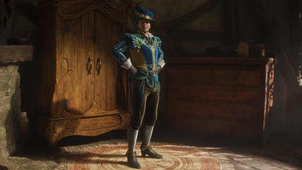 A screenshot from Fable showing a character in colorful, elaborate clothing standing in a rustic room with wooden furniture.