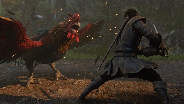 Fable screenshot: A character wielding a sword faces a large, aggressive rooster in a forest setting.