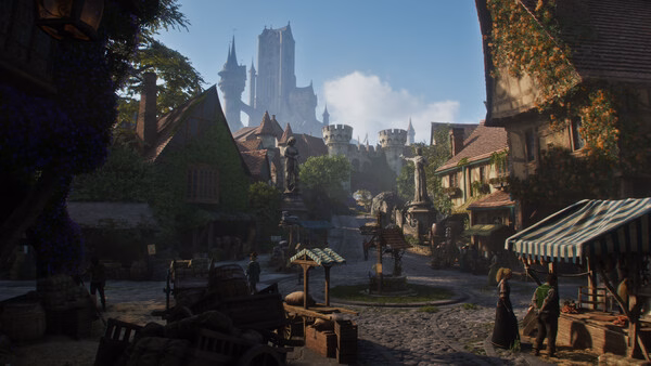 Screenshot from Fable showing a medieval village with people, market stalls, and a castle in the background under a blue sky.