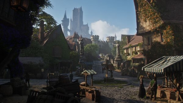 Screenshot from Fable showing a medieval village with people, market stalls, and a castle in the background under a blue sky.