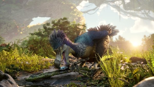ARK 2 screenshot: A vibrant Dodo with colorful feathers pecks at a bone in a lush jungle setting under a bright sky.