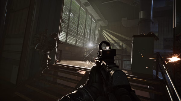 Screenshot from PUBG: Black Budget showing a player aiming their weapon indoors, with another player moving near stairs and sparks flying.
