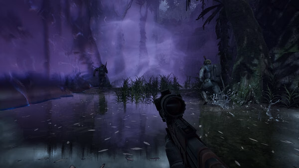 A PUBG: Black Budget screenshot shows players navigating a swampy jungle with purple mist and armed soldiers in view.