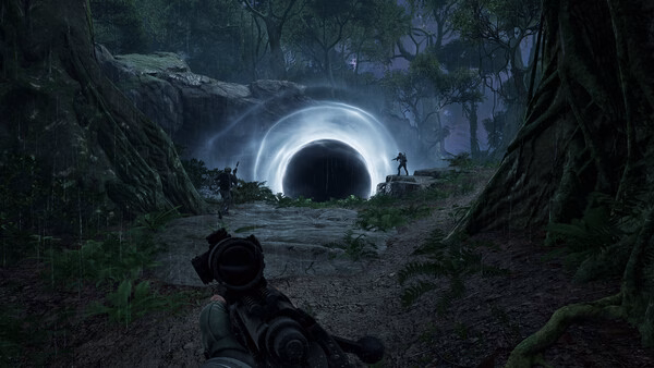 PUBG: Black Budget screenshot showing players near a glowing portal in a dense, dark forest setting.