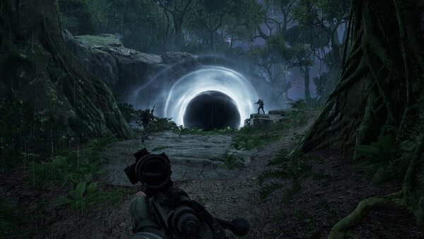 PUBG: Black Budget screenshot showing players near a glowing portal in a dense, dark forest setting.