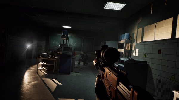 PUBG: Black Budget screenshot showing a player aiming a rifle in a dimly lit lab with equipment and shelves in view.