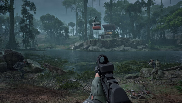 PUBG: Black Budget screenshot. A player aims at two opponents near a cabin and cable car in a lush, forested area.