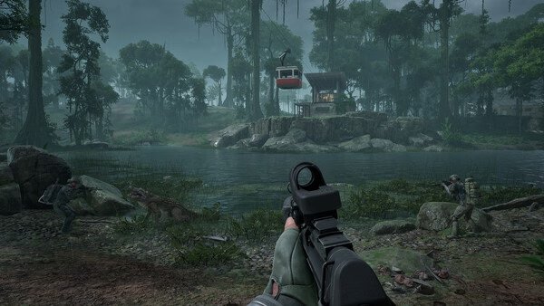 PUBG: Black Budget screenshot. A player aims at two opponents near a cabin and cable car in a lush, forested area.