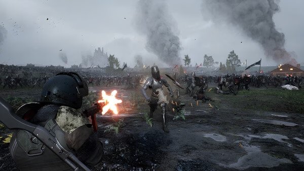 Kingmakers screenshot: A knight charges across a muddy battlefield as explosions and smoke fill the sky in the distance.