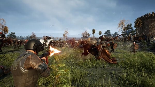 Screenshot from Kingmakers: A soldier fires at knights charging on horseback in a grassy battlefield near a stone tower.