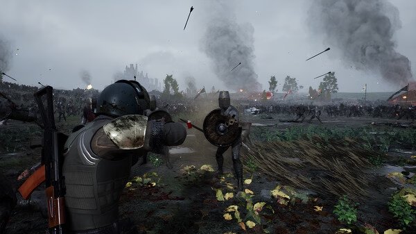 Screenshot from Kingmakers game showing two armored characters in combat, surrounded by arrows and smoke on a battlefield.